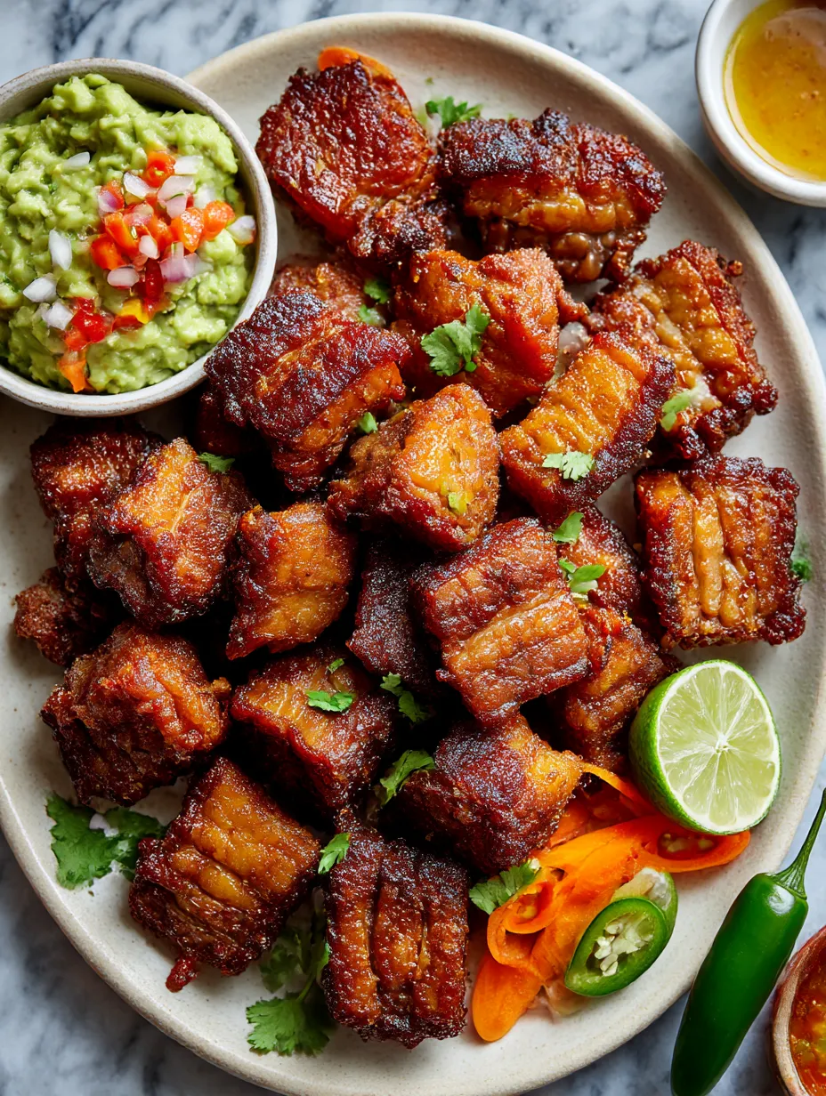 A plate of chicharrones with lime wedges.