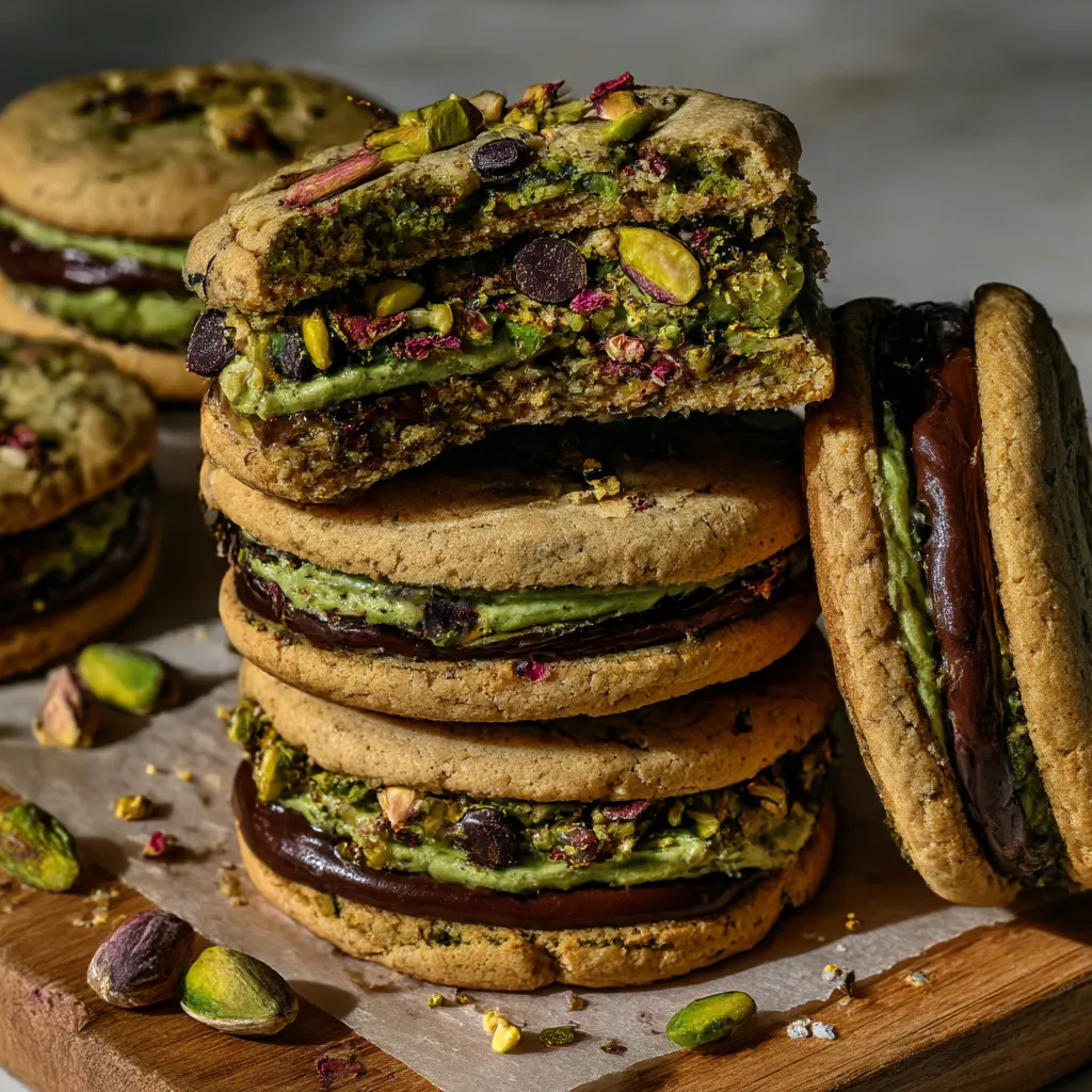 A stack of cookies with pistachio and honey.