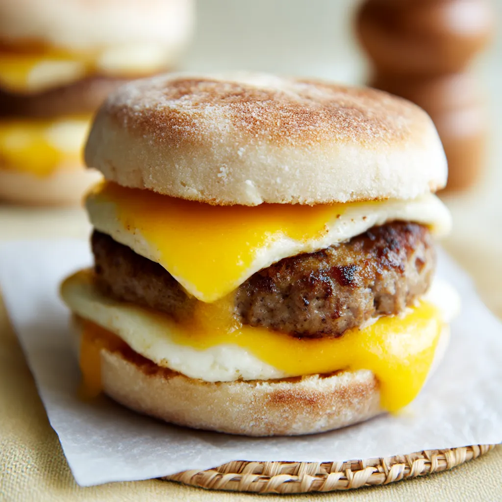 A breakfast sandwich with sausage, egg, and cheese.