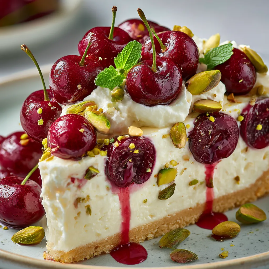 A slice of cherry pistachio cheesecake with a cherry on top.