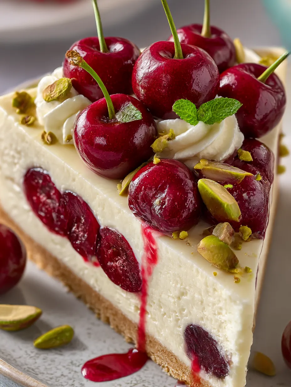 A slice of a cherry pistachio cheesecake.