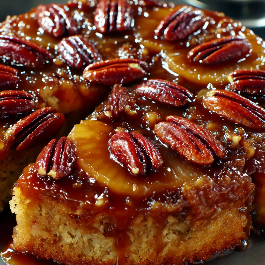 A slice of pecan upside down cake.