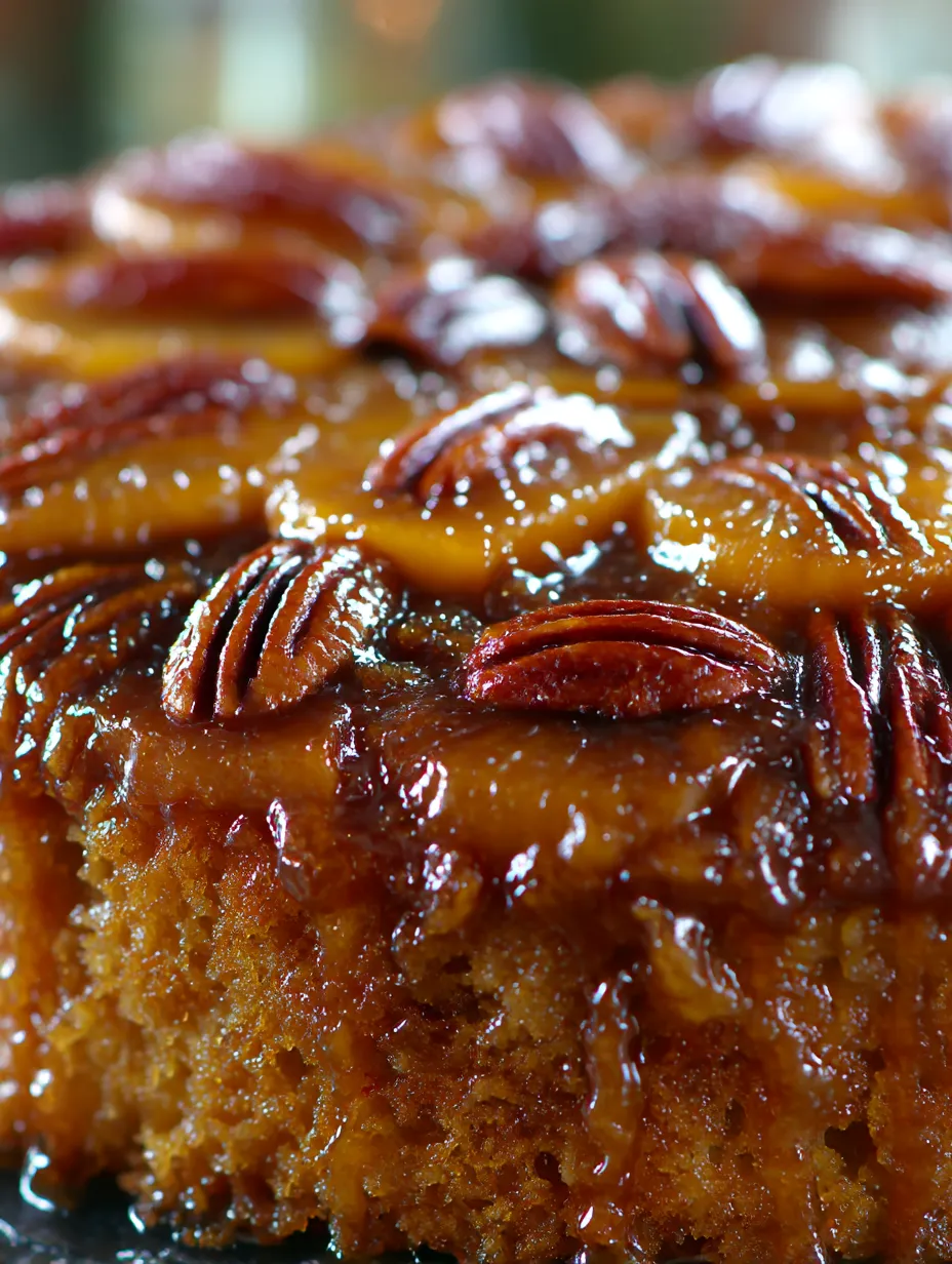 A pecan upside down cake with a glaze.