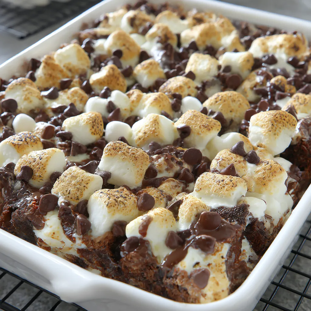 A white cake with marshmallows and chocolate chips.