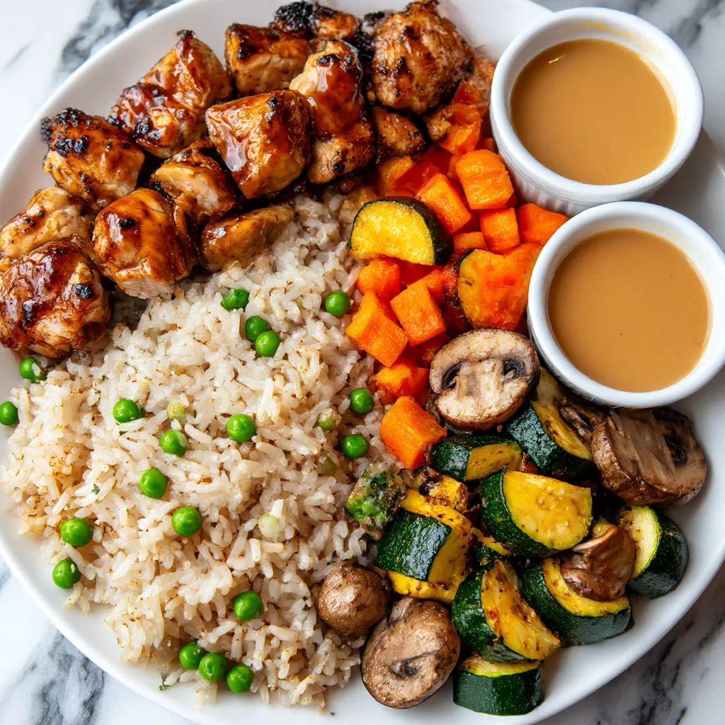 A plate of food with rice, mushrooms, carrots, and peas.