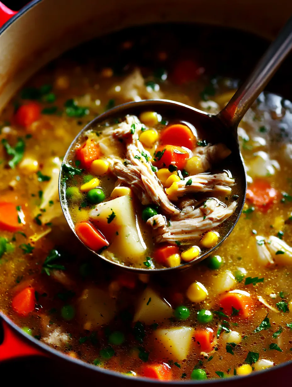 A spoon in a bowl of chicken and vegetable soup.