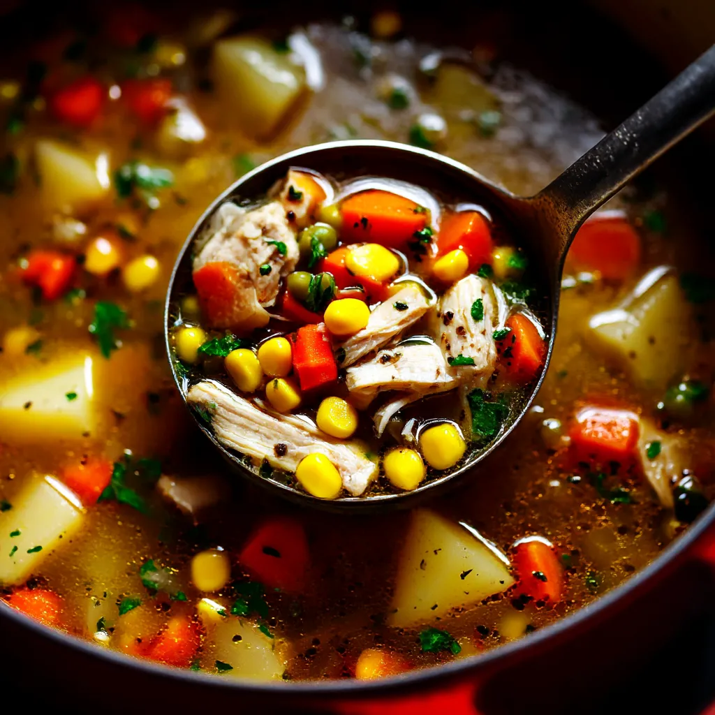 A spoon is in a bowl of chicken and vegetable soup.