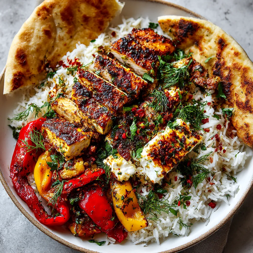 A plate of food with rice, chicken, and feta cheese.
