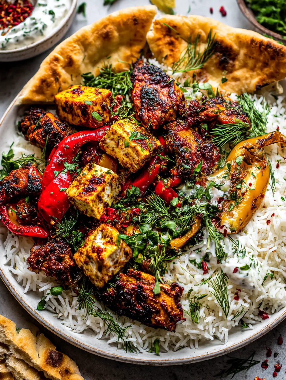 A plate of food with rice, chicken, and peppers.