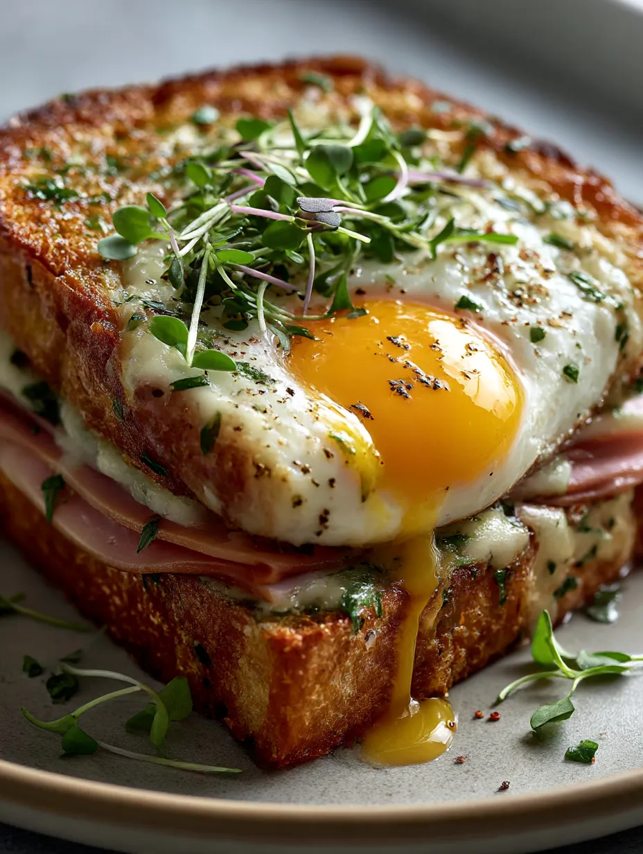 A croque madame sandwich with a fried egg on top.
