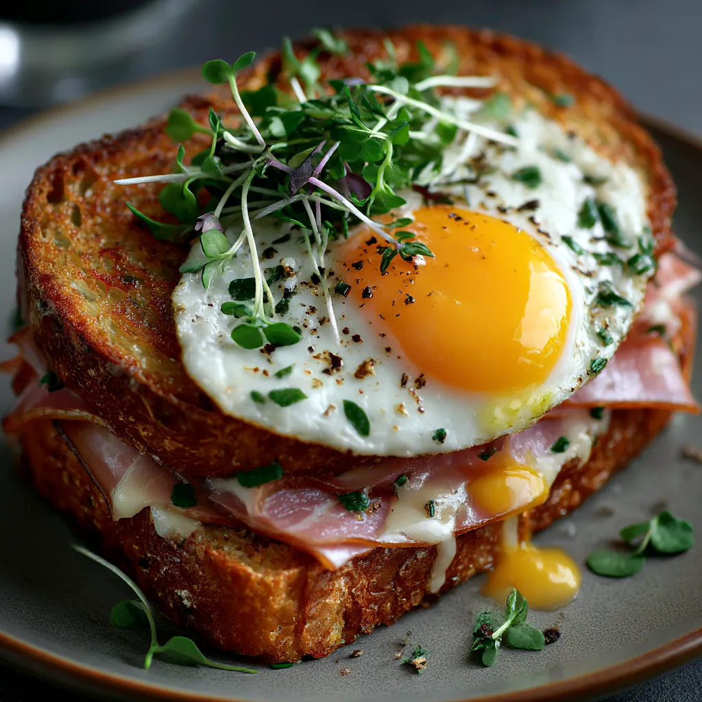 A croque madame sandwich with a fried egg on top.