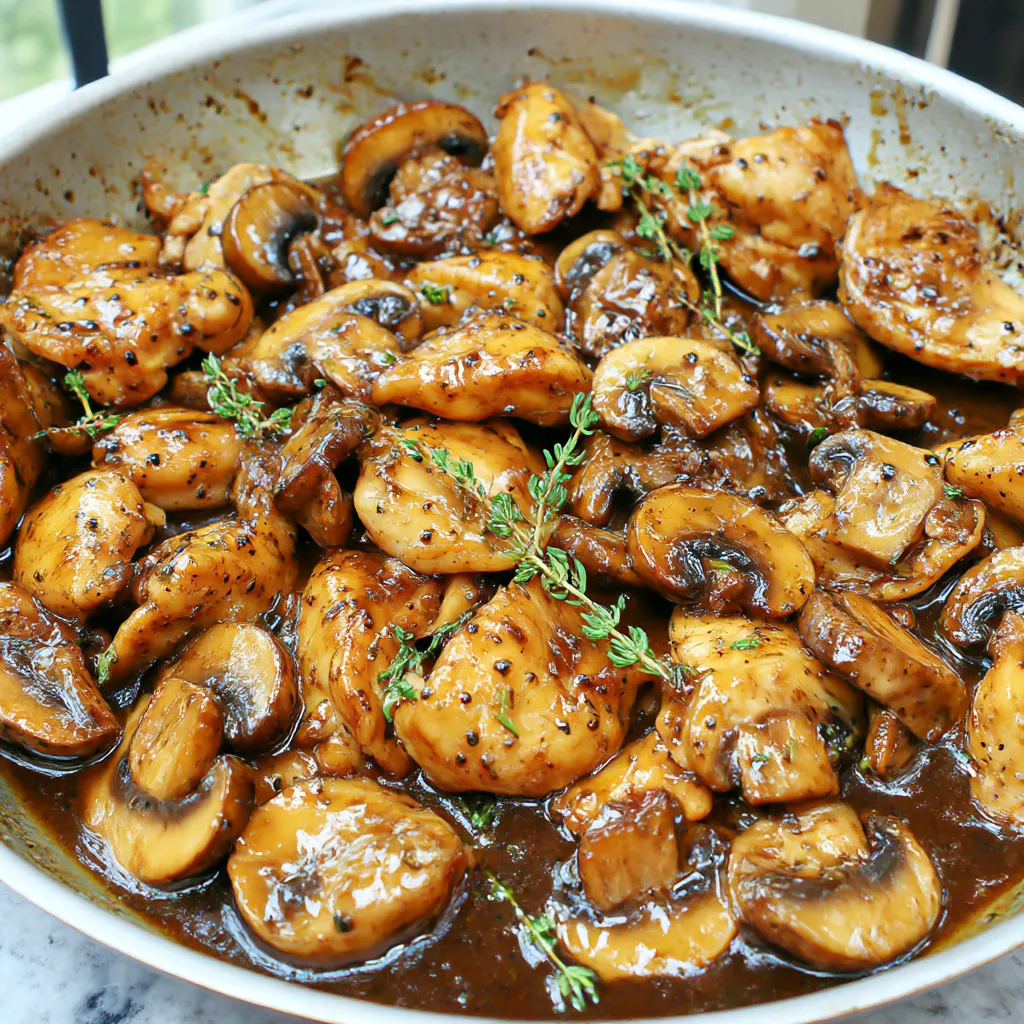A bowl of black pepper chicken with mushrooms.