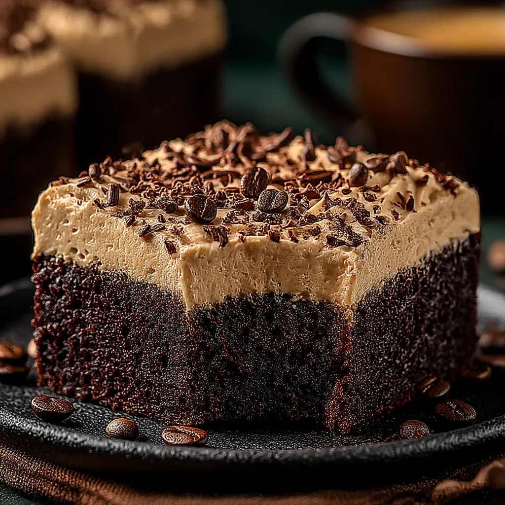 A slice of chocolate cake with mocha buttercream frosting.