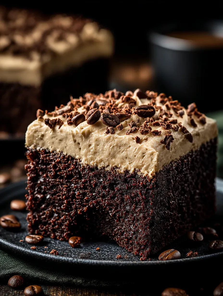A slice of chocolate cake with mocha buttercream frosting.