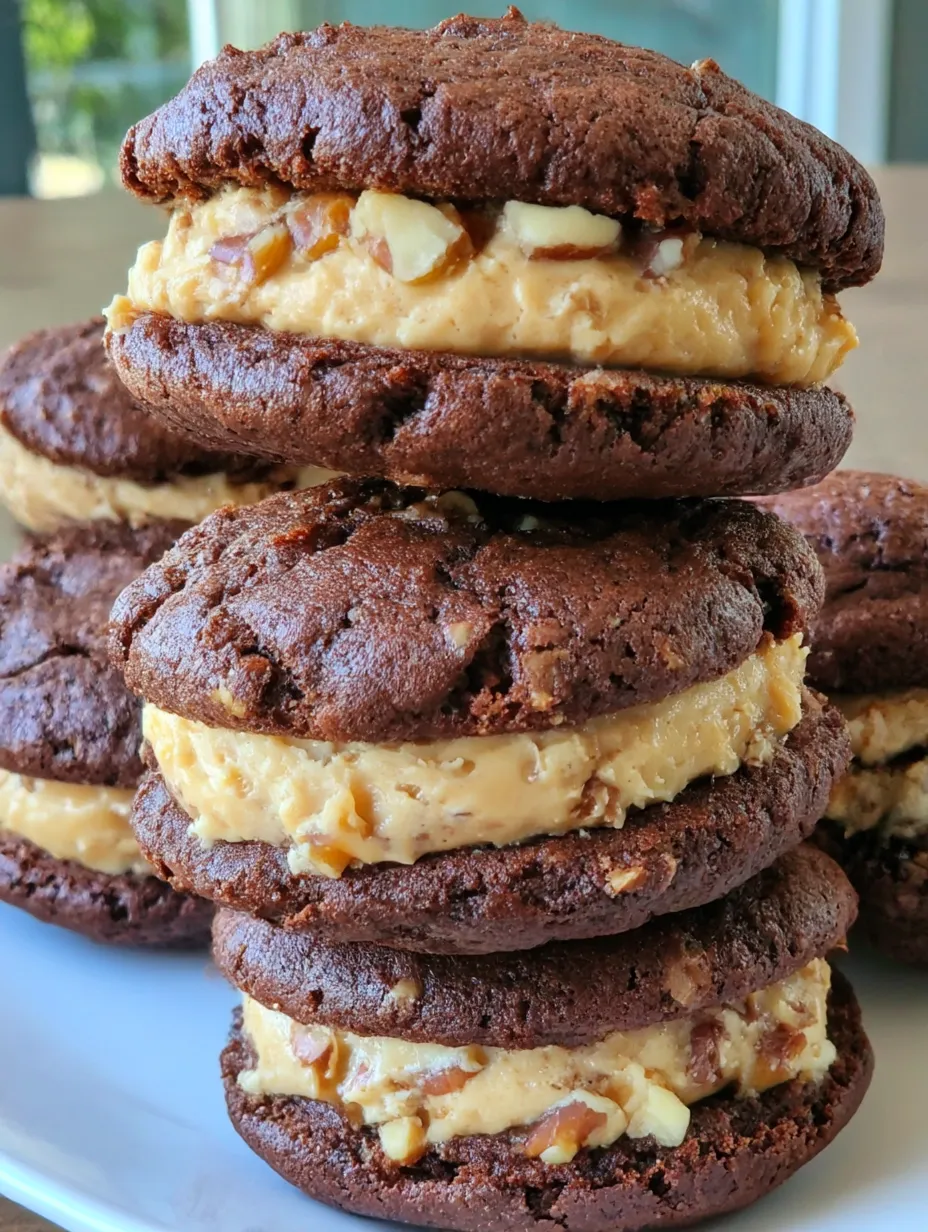 German chocolate whoopie pies stacked on a table.