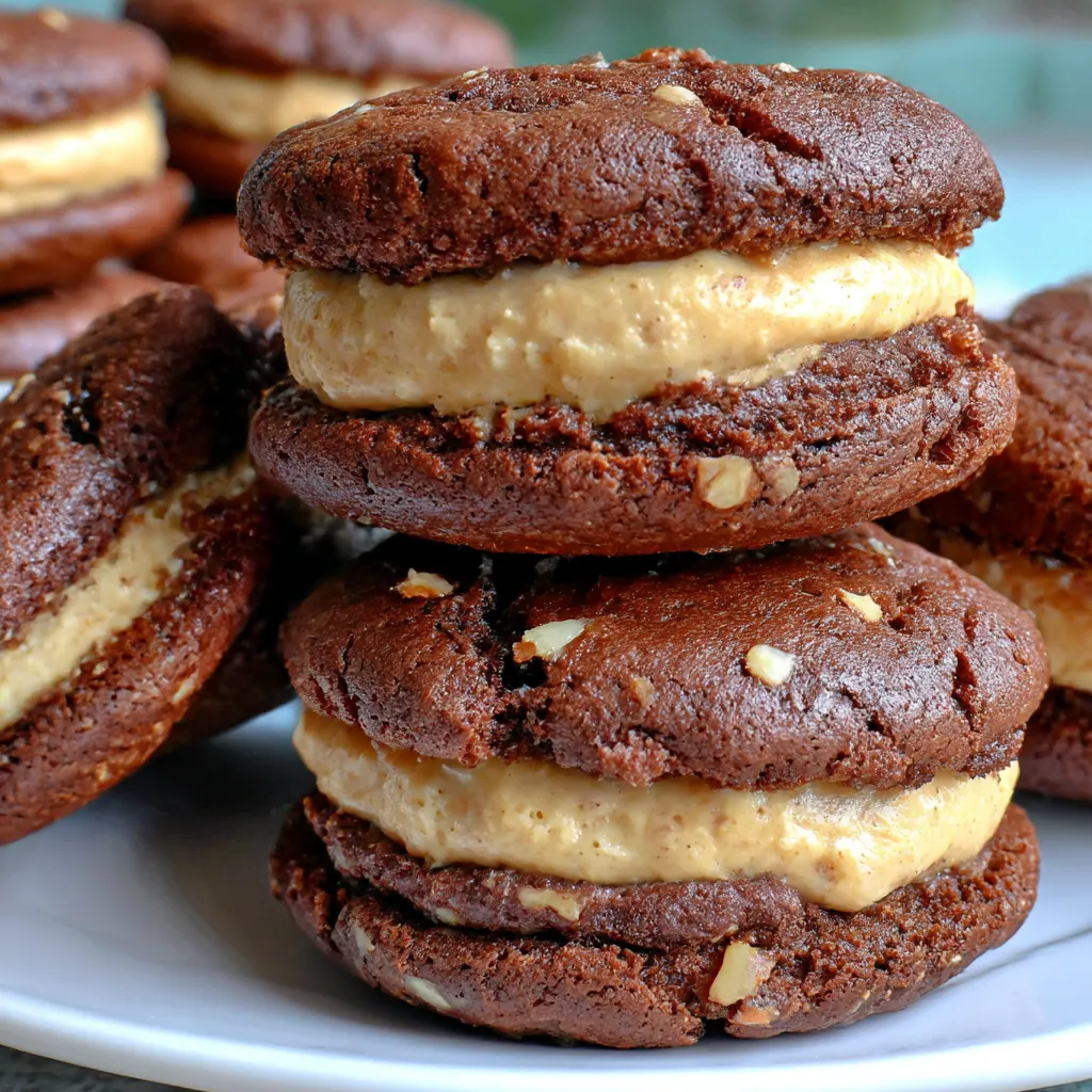 A stack of German Chocolate Whoopie Pies.