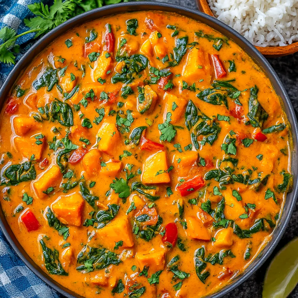 A bowl of vegan panang curry with a spoon in it.