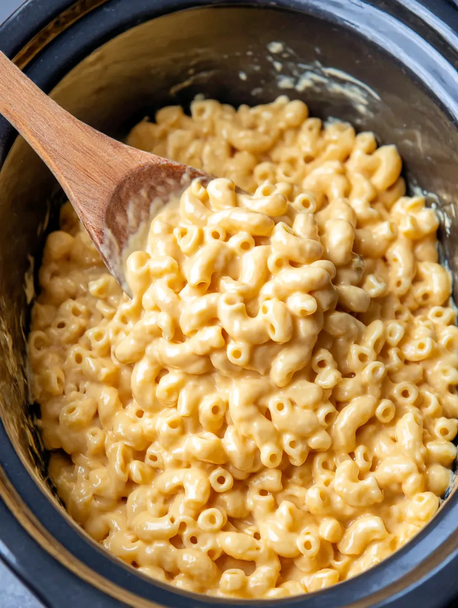 A wooden spoon is in a bowl of macaroni and cheese.