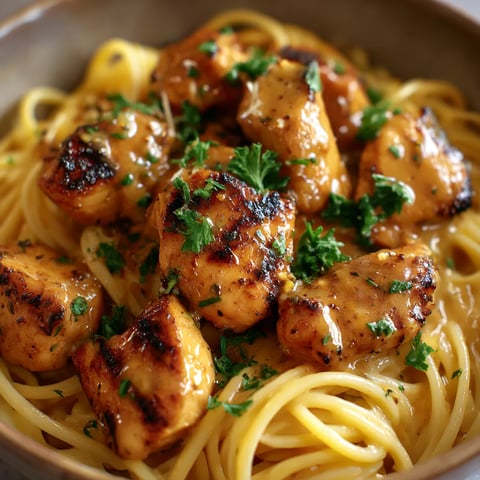 A bowl of pasta with chicken and herbs.